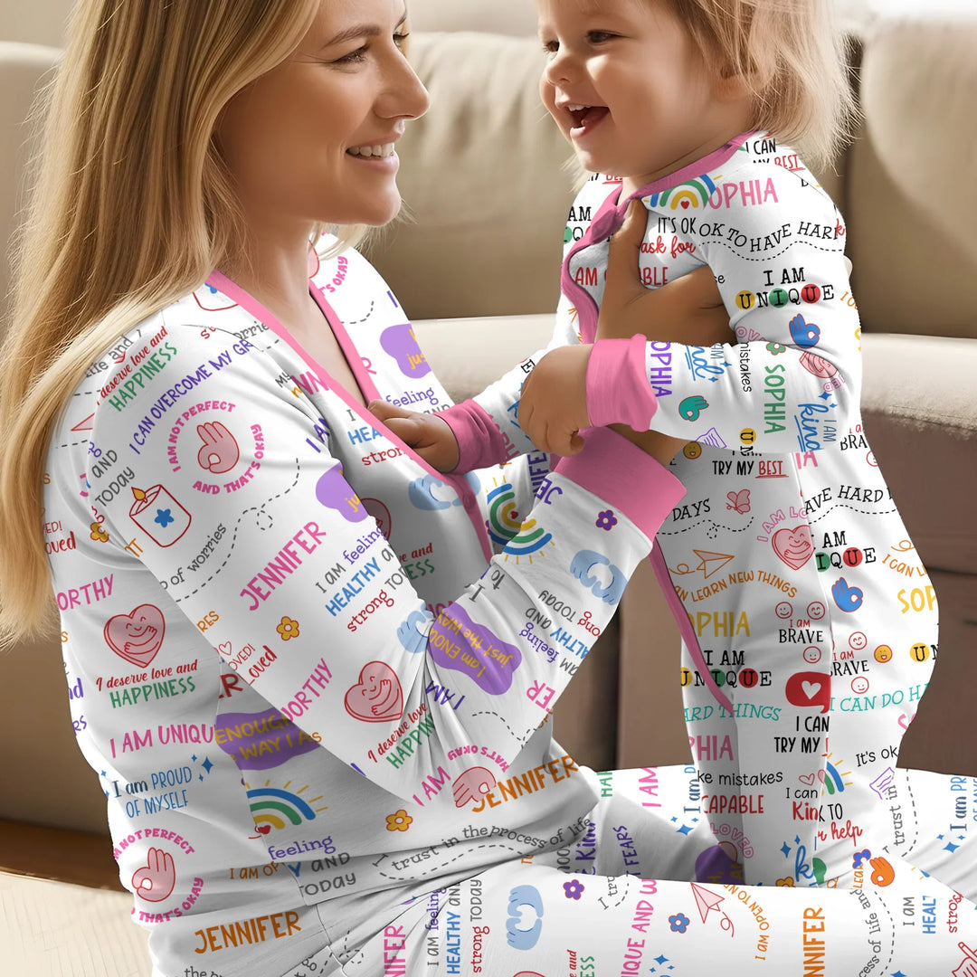 Tägliche Affirmationen Schlafanzug-Set für Mama & Baby aus Bambus für Damen