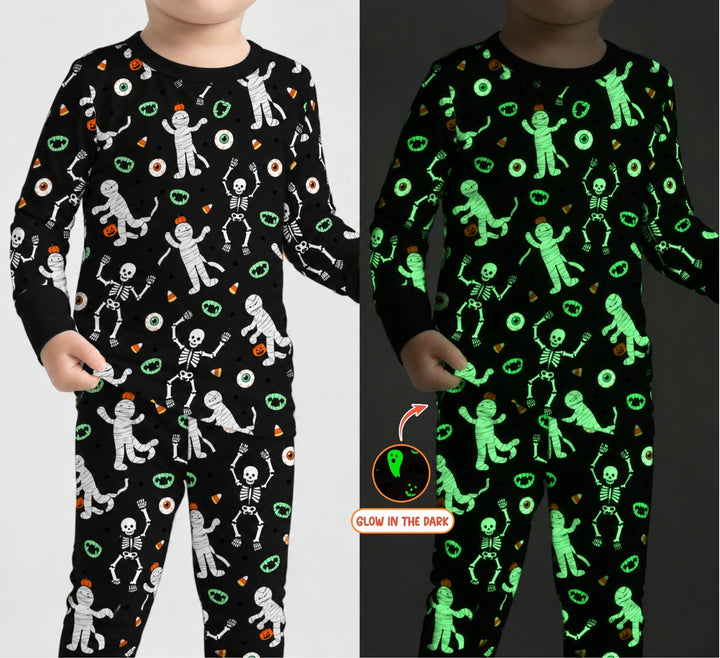 Glow In The Dark Spooky Mummy Skeleton Mix Bamboo Two Piece Long Sleeve Pajama Set