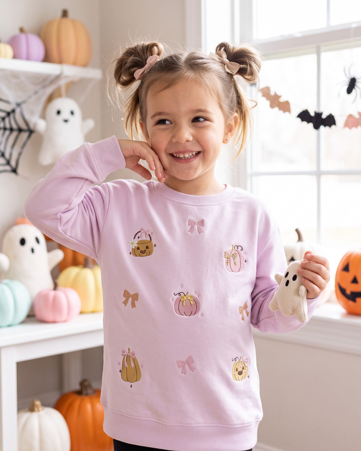 Pink Pumpkin Embroidered Bamboo Crewneck Sweatshirt