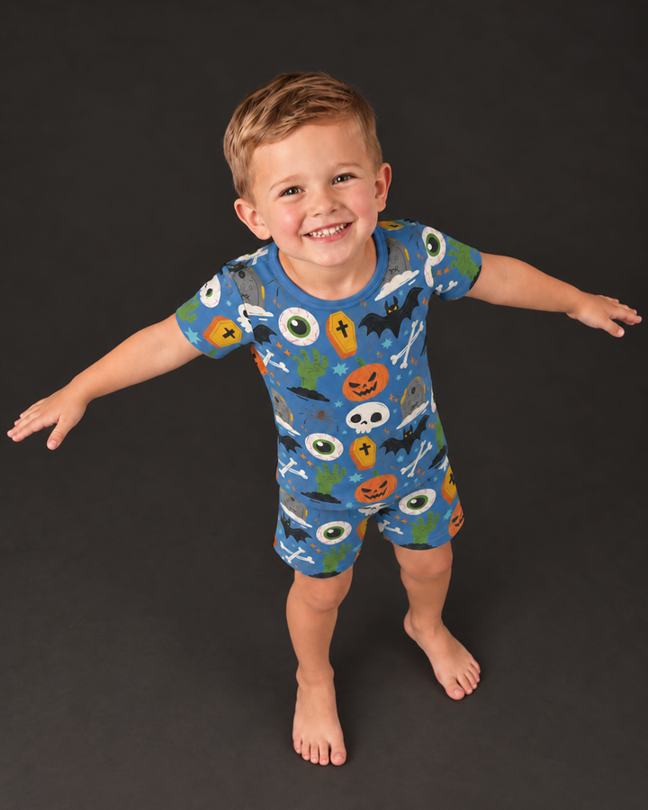 Little Monsters Bamboo Two Piece Short Sleeve Shorts Pajama Set For Halloween