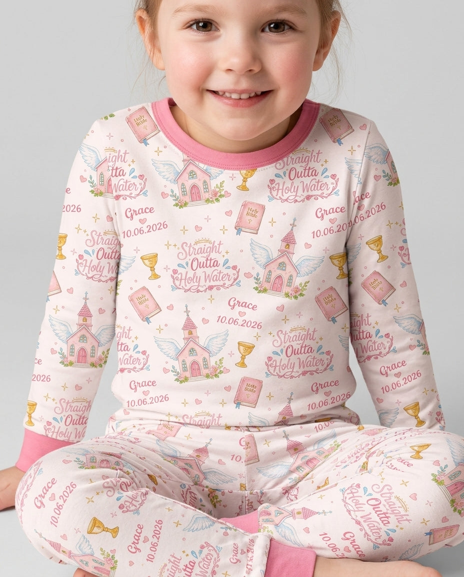 Custom Name Baptism Christening Straight Outta Holy Water Bamboo Two Piece Long Sleeve Pajama Set