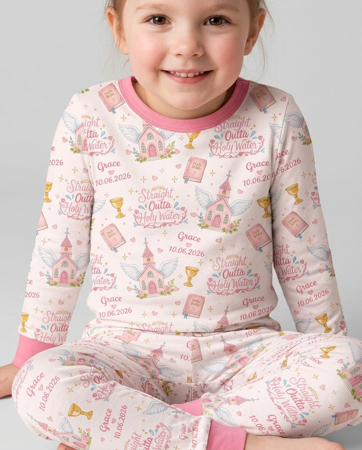 Custom Name Baptism Christening Straight Outta Holy Water Bamboo Two Piece Long Sleeve Pajama Set