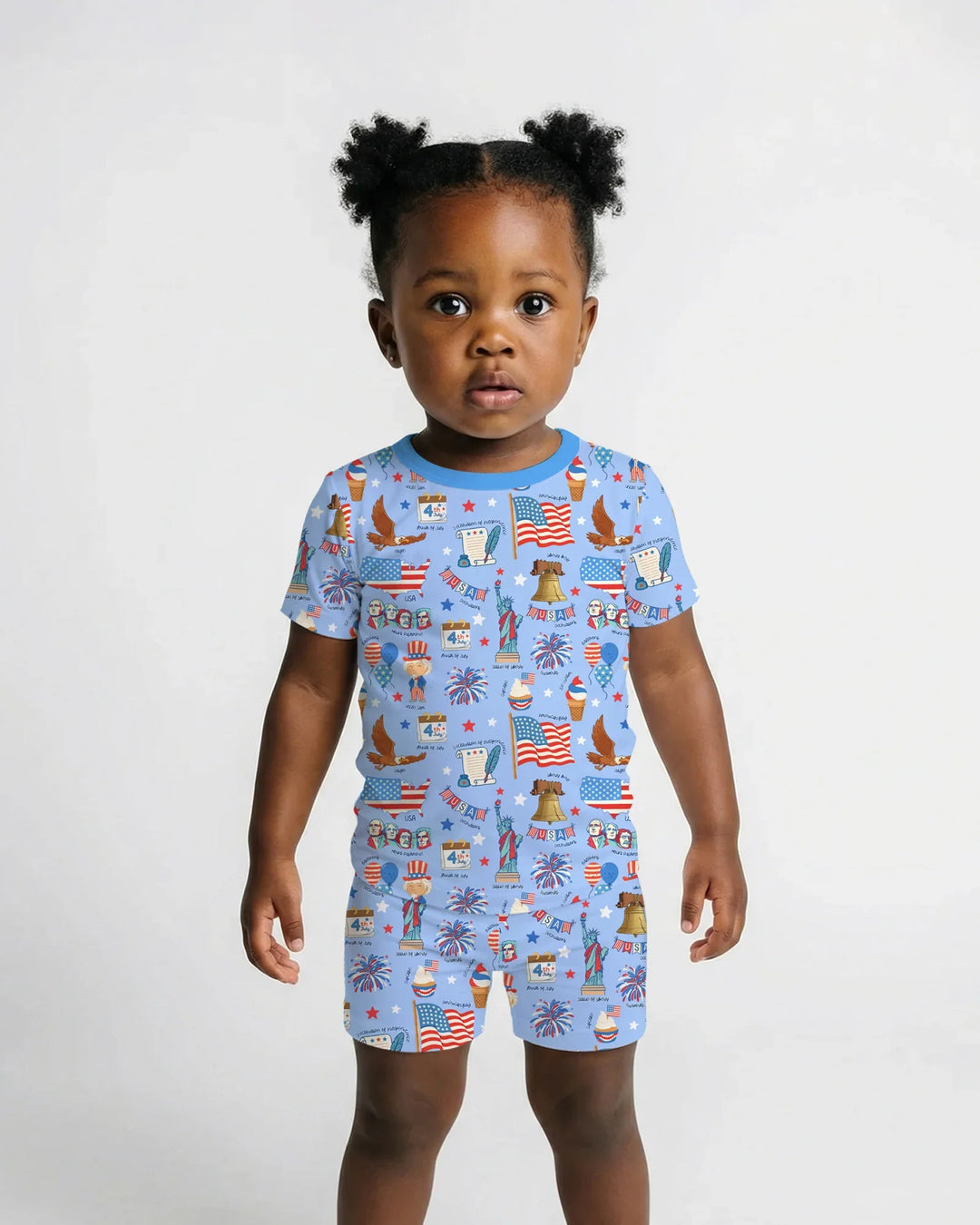 Hand Drawn Patriotic Iconic Bamboo Two Piece Short Sleeve Shorts Pajama Set