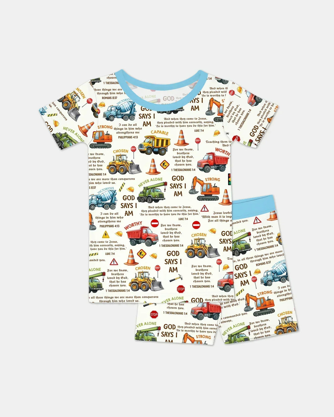 Bible Verse Construction Trucks Bamboo Two Piece Short Sleeve Shorts Pajama Set
