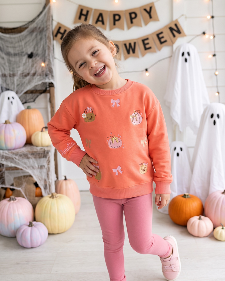 Pink Pumpkin Embroidered Bamboo Crewneck Sweatshirt