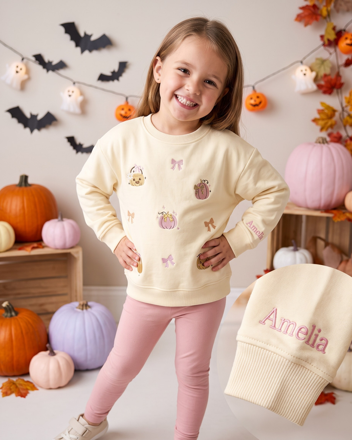 Pink Pumpkin Embroidered Bamboo Crewneck Sweatshirt
