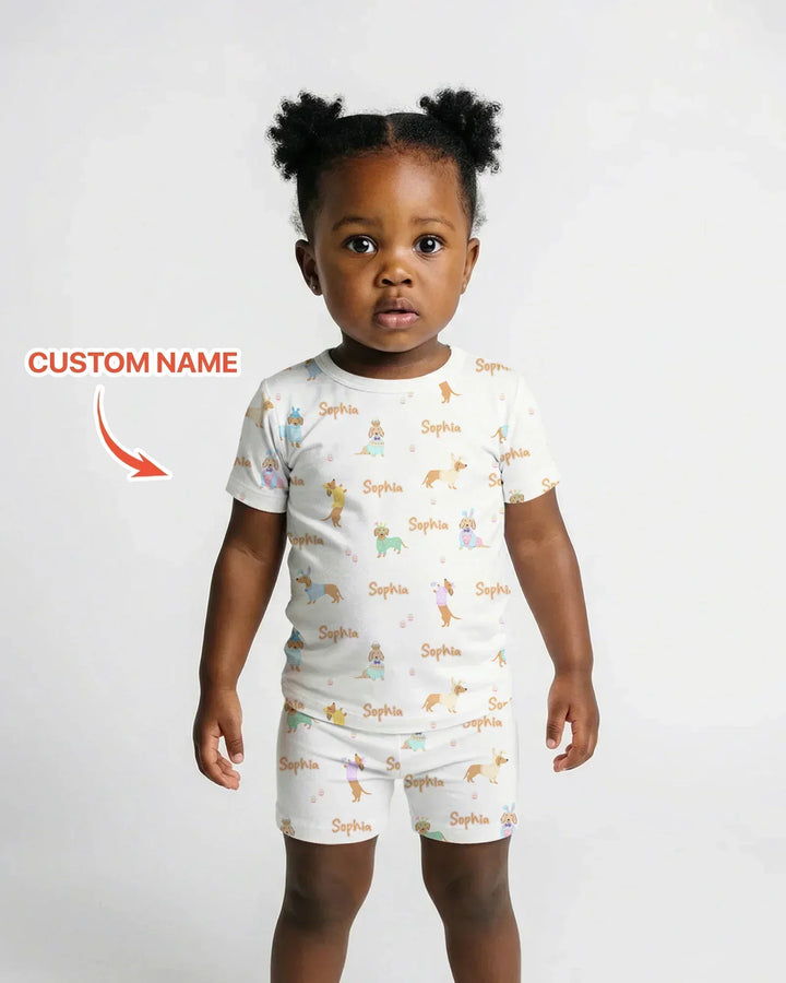 Custom Name Easter Dachshund Bamboo Two Piece Short Sleeve Shorts Pajama Set