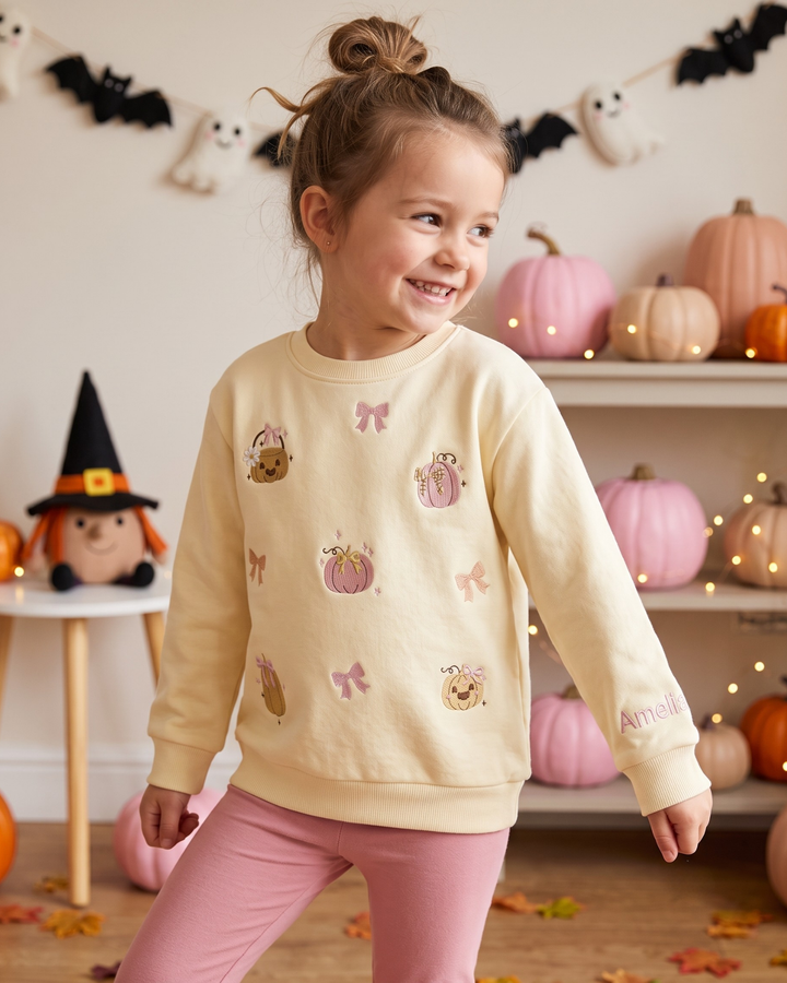 Pink Pumpkin Embroidered Bamboo Crewneck Sweatshirt