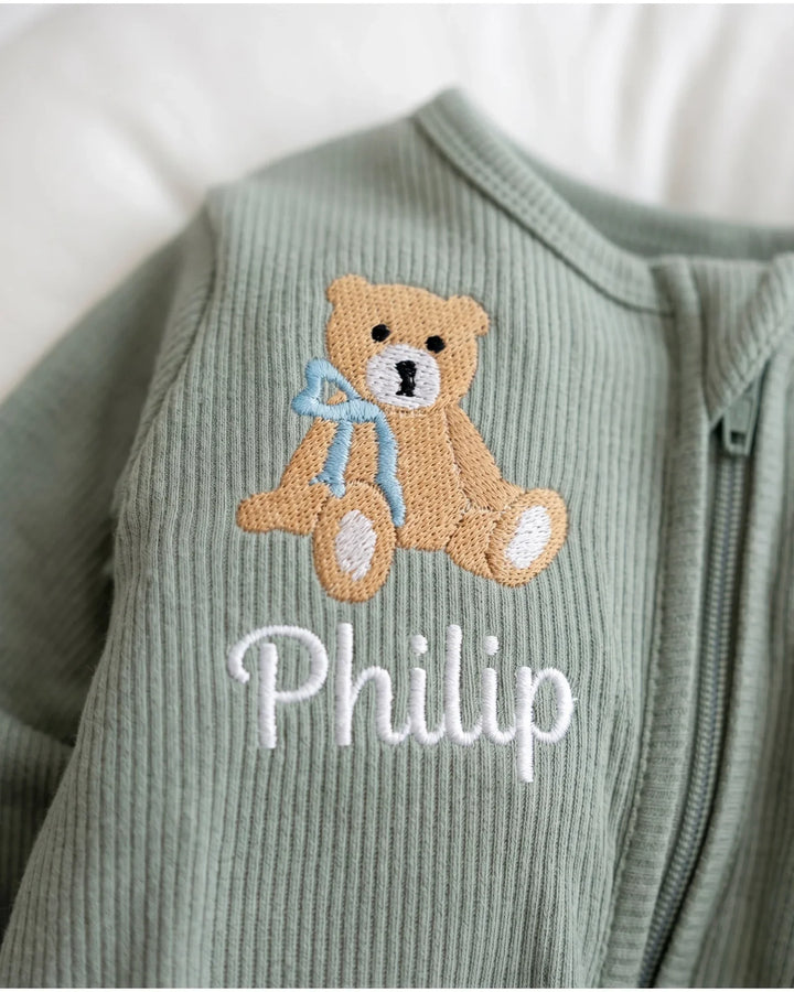 Personalized Teddy Bear Embroidered Ribbed Bamboo Welcome Home Bundle