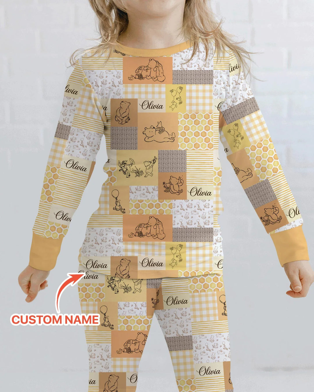 Personalized Classic Bear Patchwork  Bamboo Two Piece Long Sleeve Pajama Set