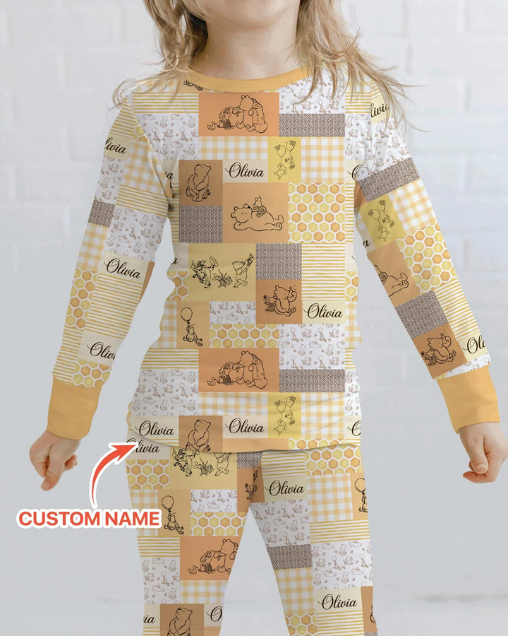 Personalized Classic Bear Patchwork  Bamboo Two Piece Long Sleeve Pajama Set