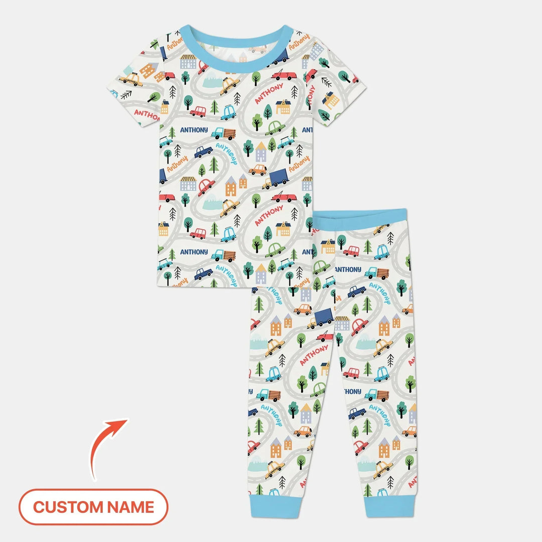 Custom Name Road Map Bamboo Two Piece Short Sleeve Pajama Set
