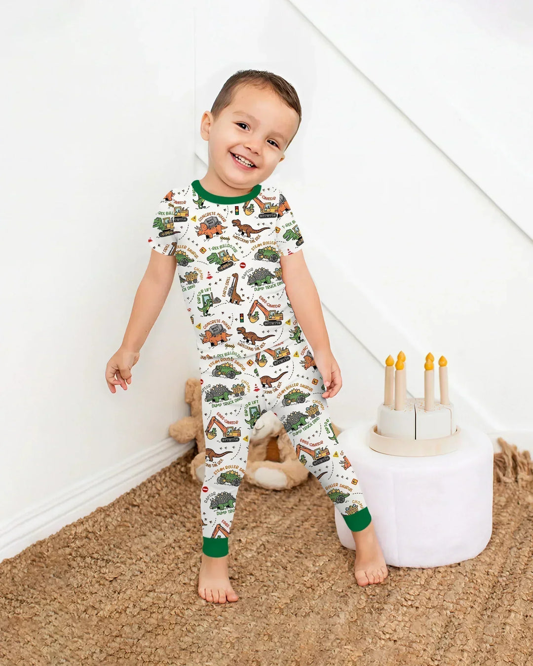 Dinosaur Construction Truck Bamboo Two Piece Short Sleeve Pajama Set