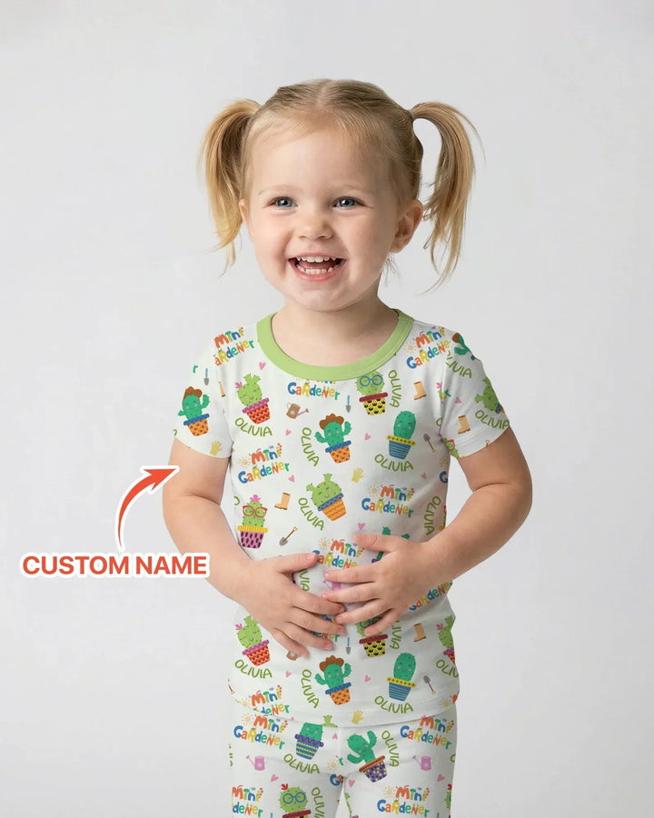 Custom Name Mini Gardener Bamboo Two Piece Short Sleeve Pajama Set