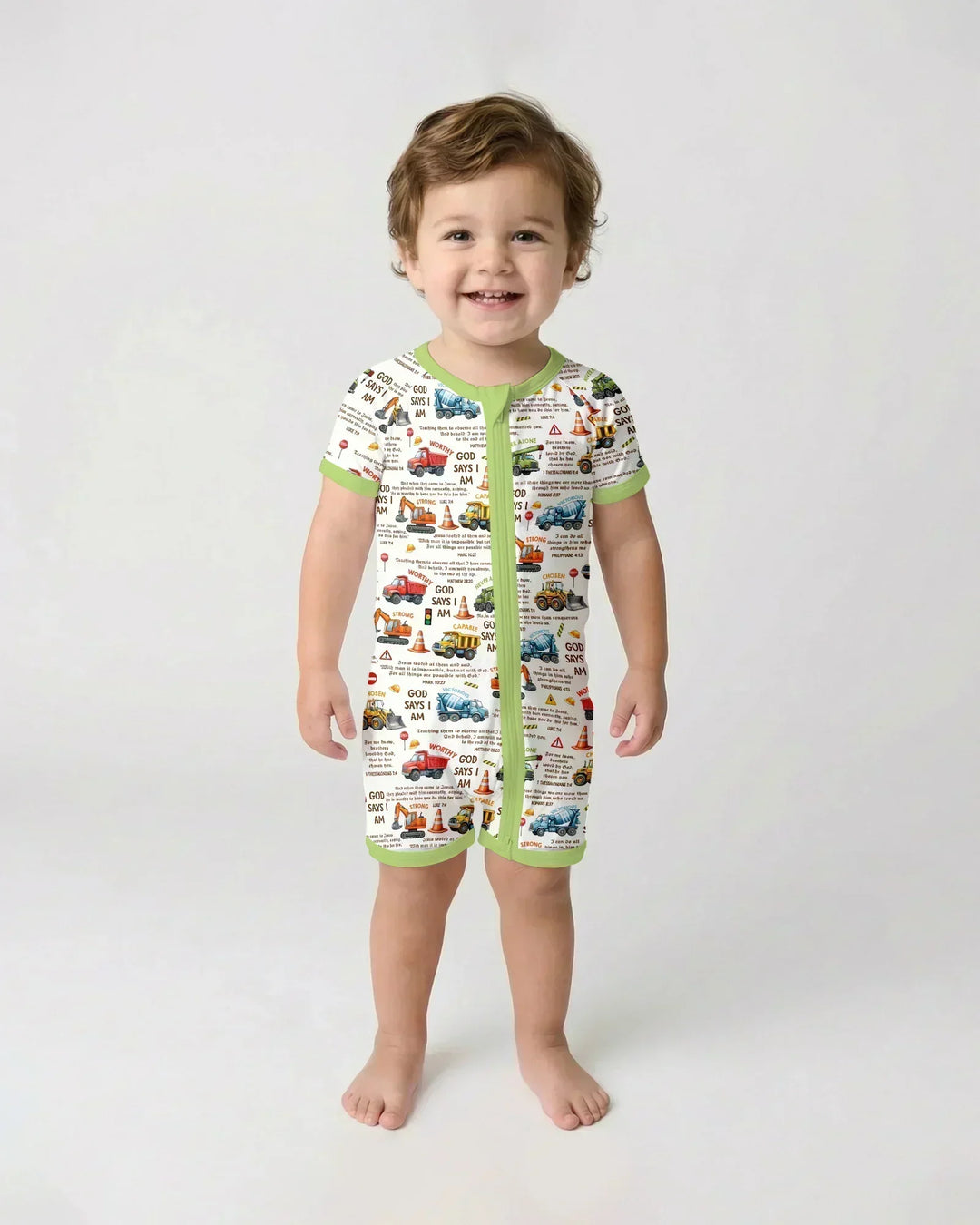 Bible Verse Construction Trucks Bamboo Shorty Zippy