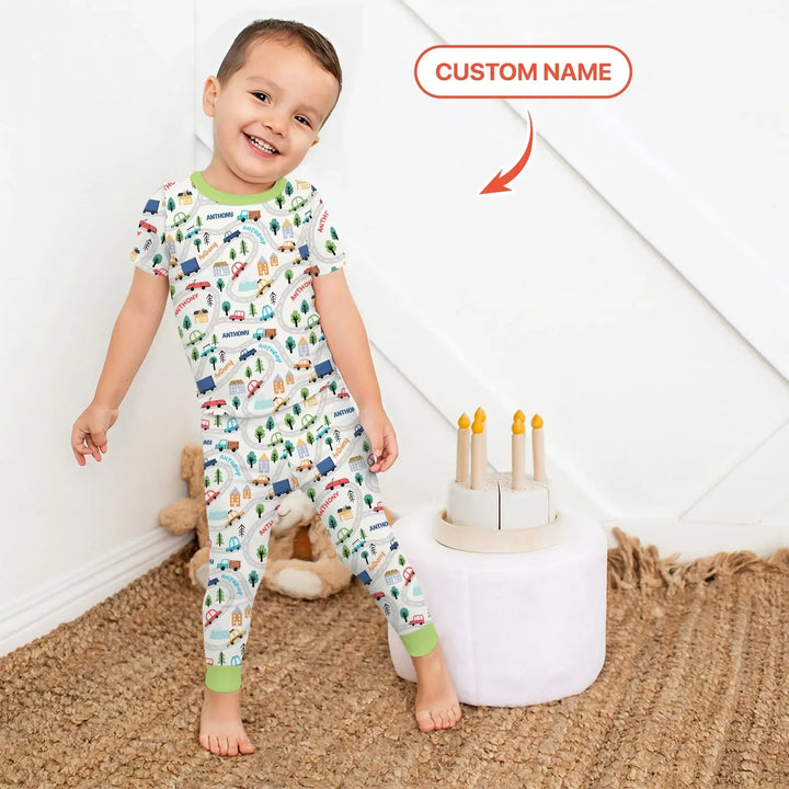 Custom Name Road Map Bamboo Two Piece Short Sleeve Pajama Set