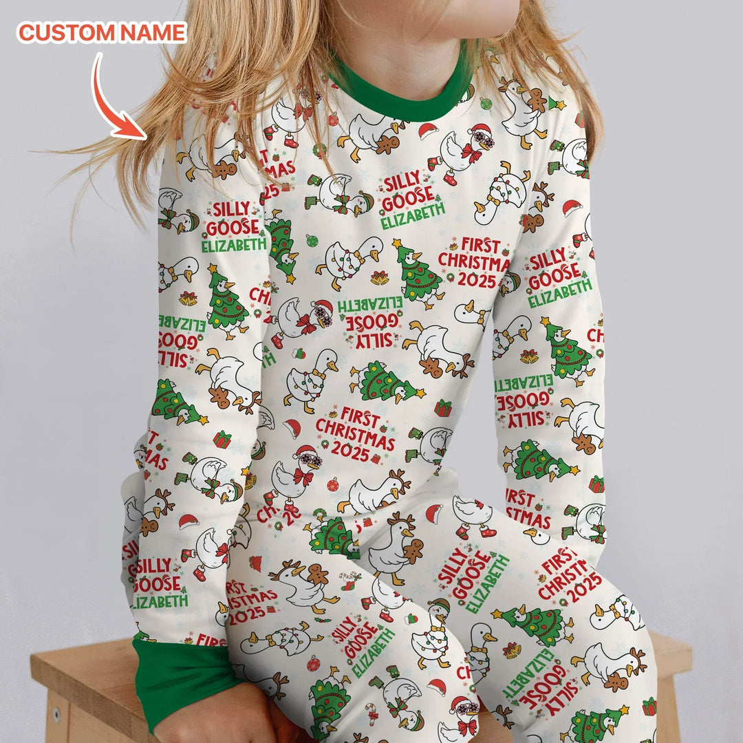 Custom Name "Silly Goose" Two Piece Long Sleeve Pajama Set (Green) , Custom Name "Silly Goose" Two Piece Long Sleeve Pajama Set (Green) - 12-18M