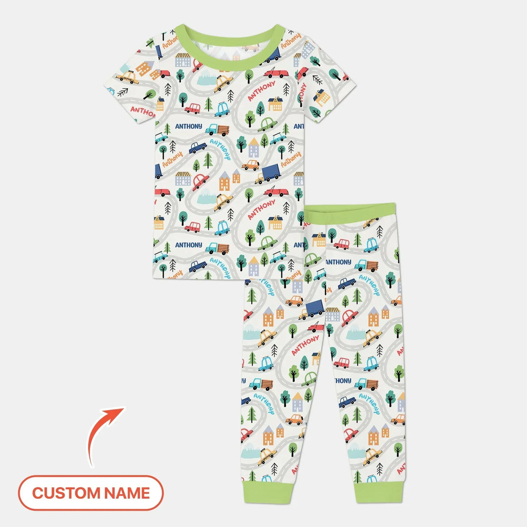 Custom Name Road Map Bamboo Two Piece Short Sleeve Pajama Set