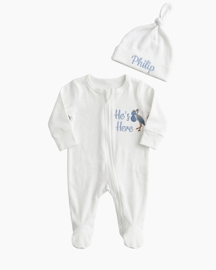 Personalized He's Here Embroidered Bamboo Welcome Home Bundle