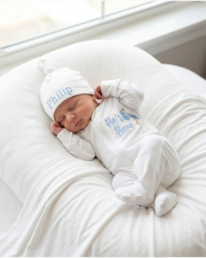Personalized He's Here Embroidered Bamboo Welcome Home Bundle
