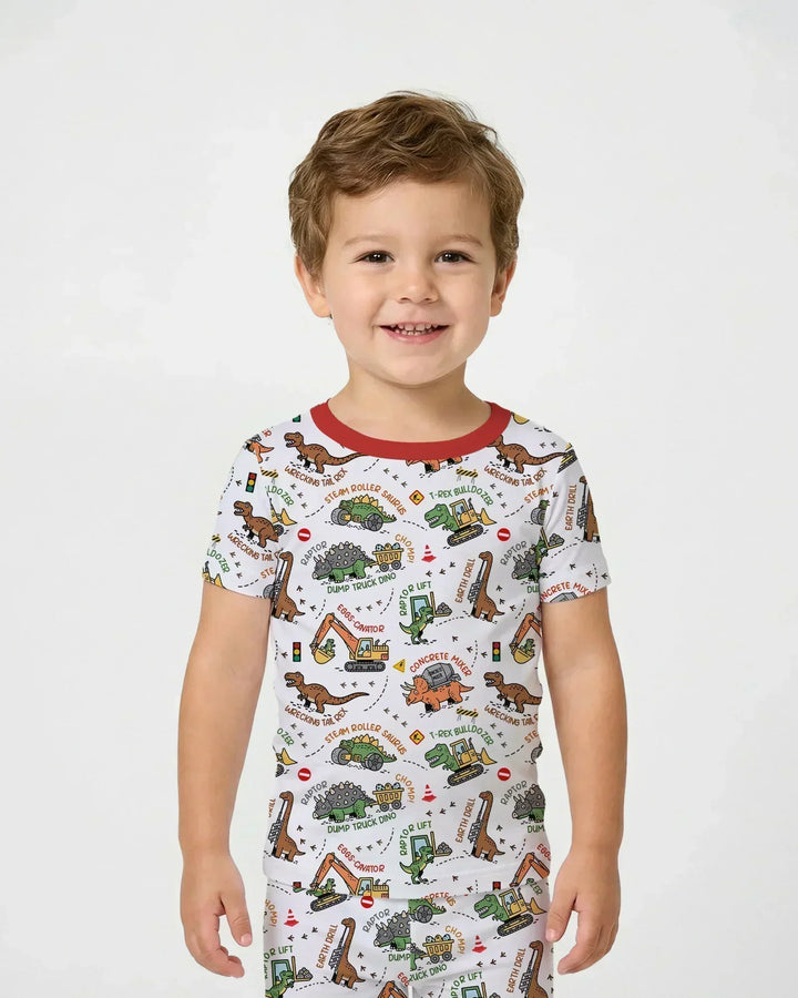 Dinosaur Construction Truck Bamboo Two Piece Short Sleeve Pajama Set