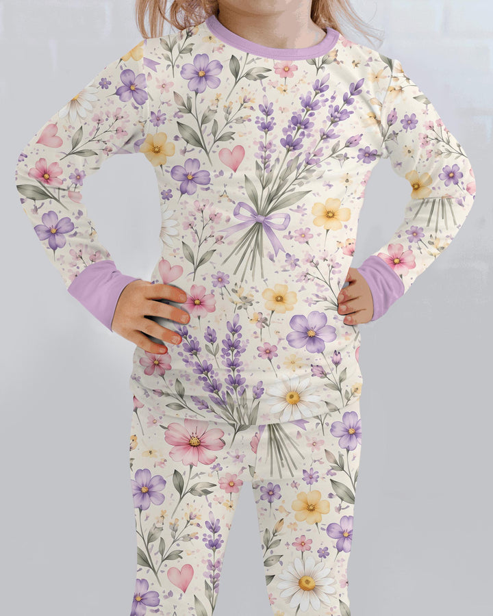 Lavender Wildflower Pastel Floral Bamboo Two Piece Long Sleeve Pajama Set