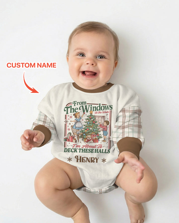 Custom Name Vintage Deck The Halls Bamboo Bubble Romper