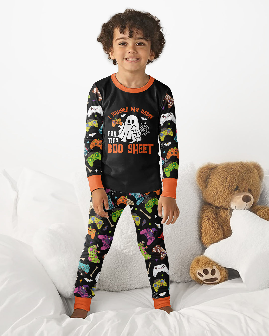 Halloween Skeleton Zombie Gaming Controllers Mummy Boys Bamboo Two Piece Long Sleeve Pajama Set