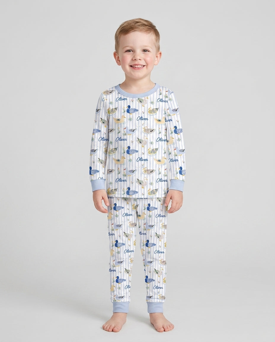 Whimsical Duck Custom Name Bamboo Two Piece Long Sleeve Pajama Set