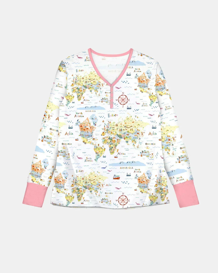 Pyjama-Set für Damen aus Bambus mit passendem Familienmotiv und verspielter Weltkarte