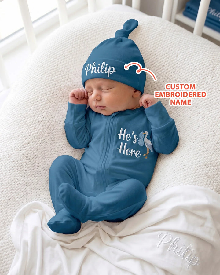 Personalized He's Here Embroidered Bamboo Welcome Home Bundle