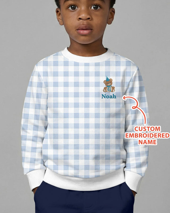 Custom Embroidered  Name Birthday Teddy BambooCrewneck Sweatshirt