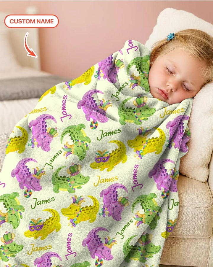Custom Name Mardi Gras Alligator Bamboo Blanket