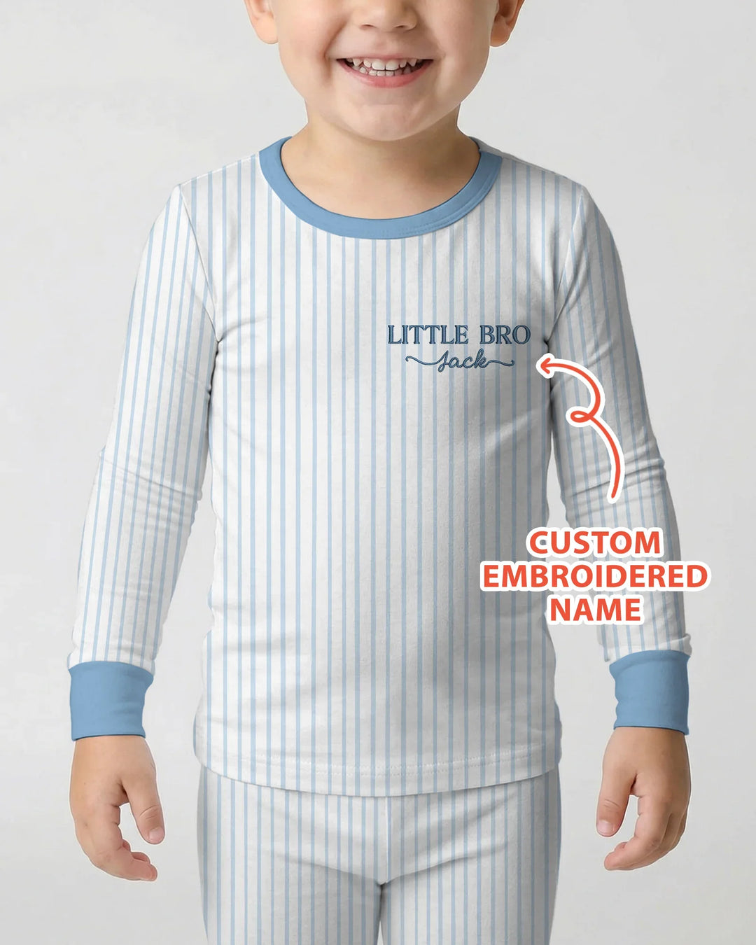 Custom Embroidered Name Little Bro Bamboo Two Piece Long Sleeve Pajama Set