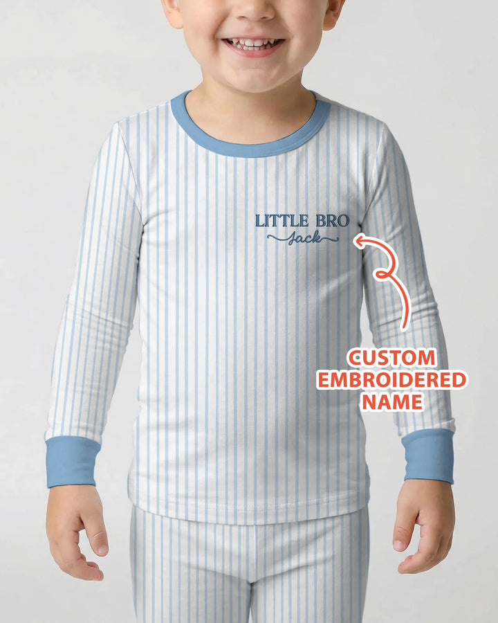 Custom Embroidered Name Little Bro Bamboo Two Piece Long Sleeve Pajama Set