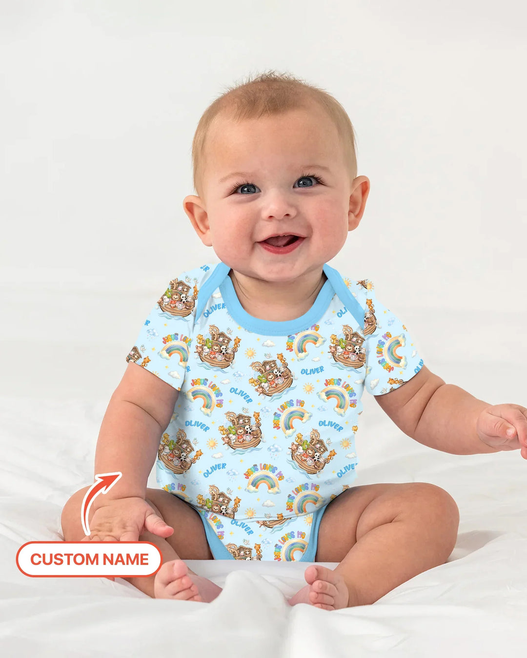 Custom Name Jesus Loves Me Noah's Ark Bamboo Bodysuit