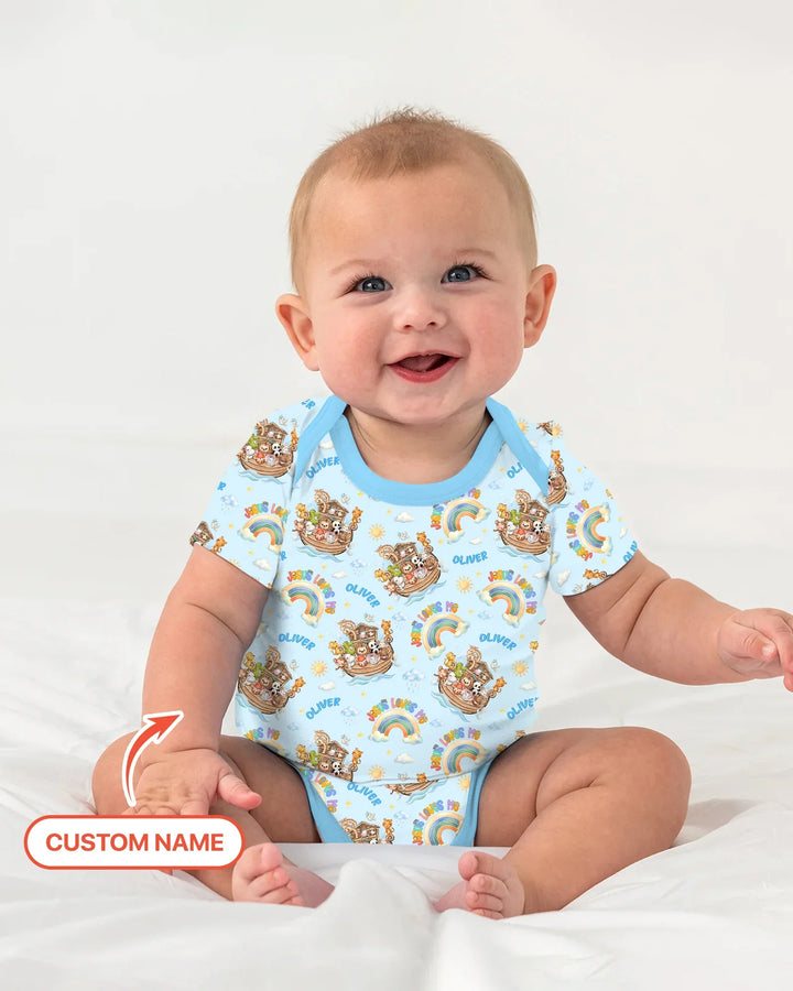 Custom Name Jesus Loves Me Noah's Ark Bamboo Bodysuit