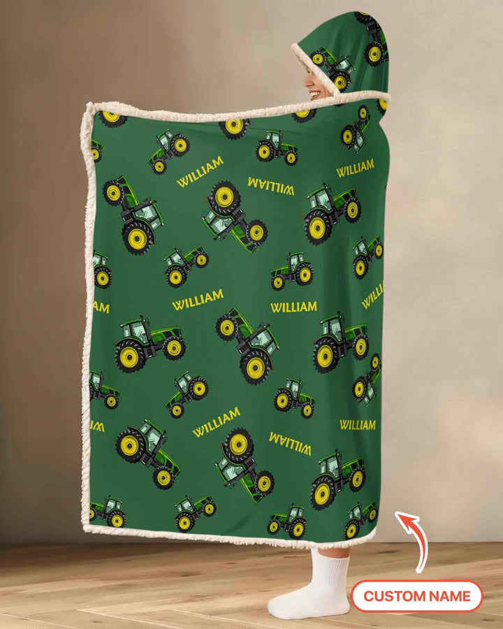 Custom Name Green Tractors Matching Daddy & Me Bamboo Wearable Hooded Blanket
