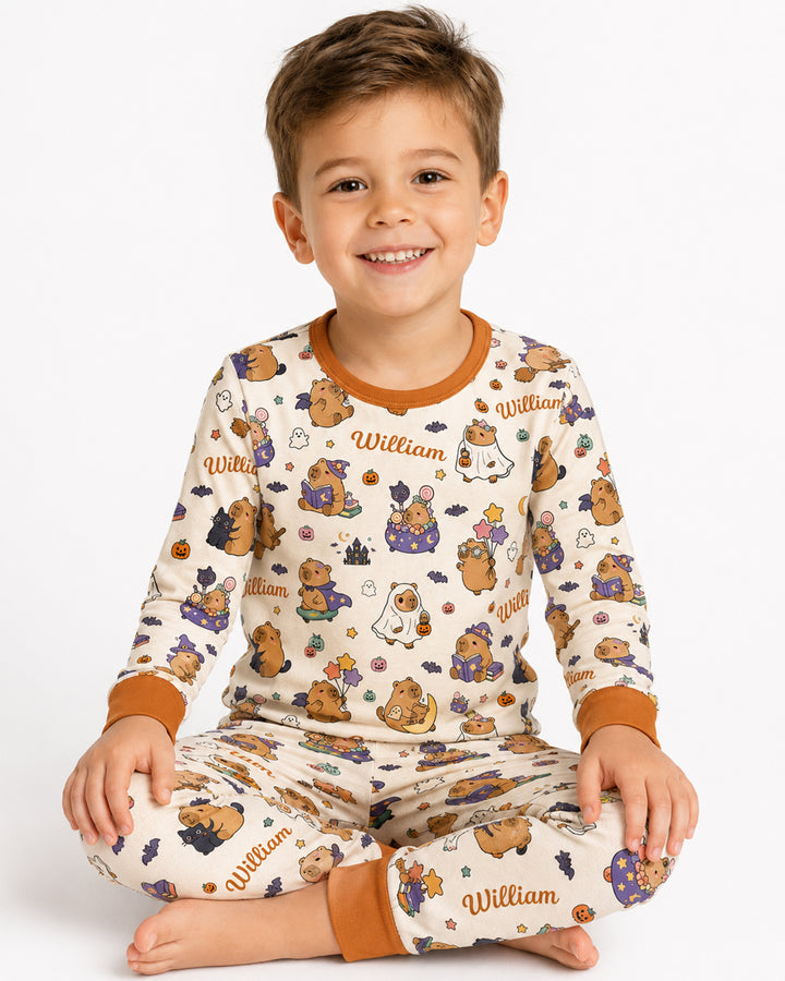 Custom Name Kawaii Halloween Capybara Bamboo Two Piece Long Sleeve Pajama Set