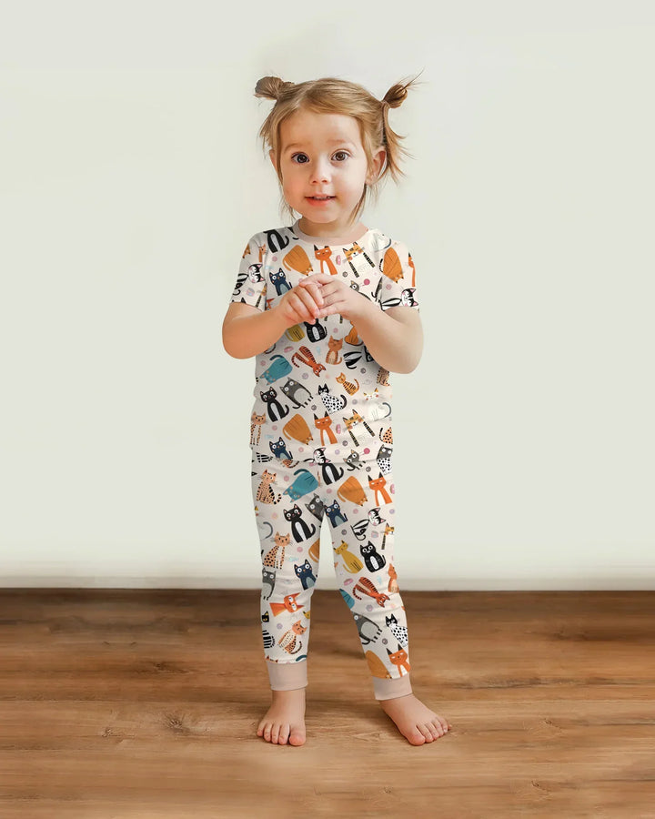 Goofy Mischief Cat Family Matching Bamboo Two Piece Short Sleeve Pajama Set