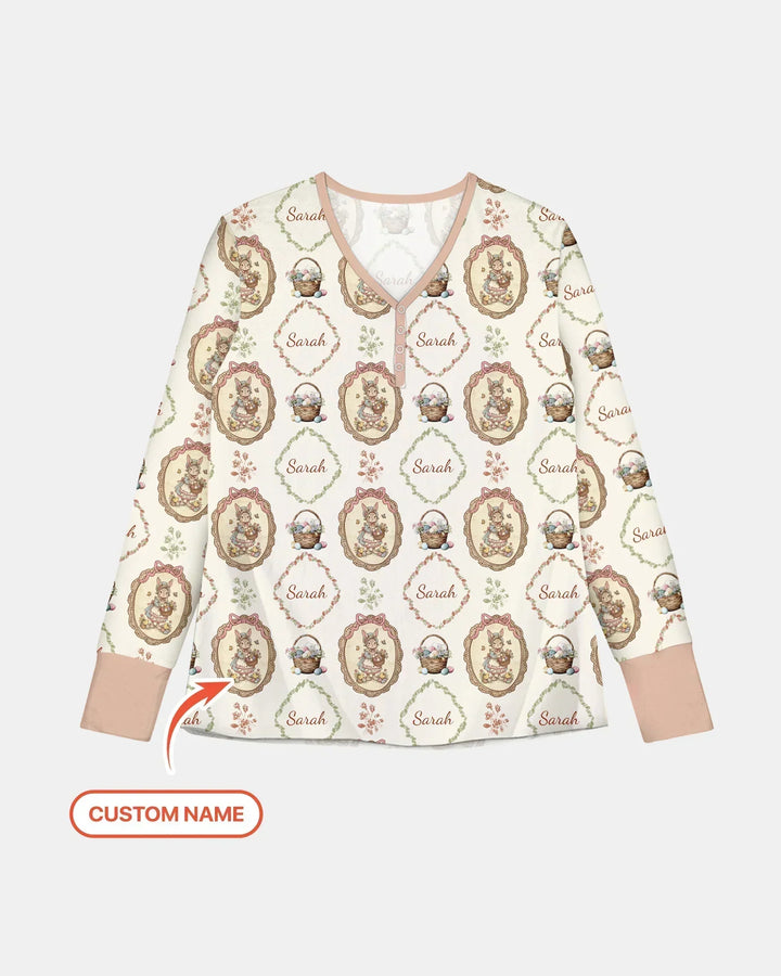 Vintage Hase Ostern Benutzerdefinierter Name Mommy & Me Passender Bambus Damen Schlafanzug Set