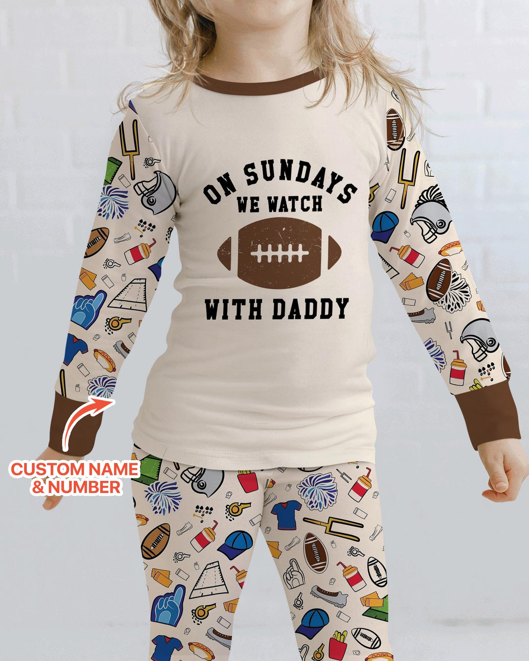 On Sundays We Watch Football With Daddy Family Matching Bamboo Two Piece Long Sleeve Pajama Set
