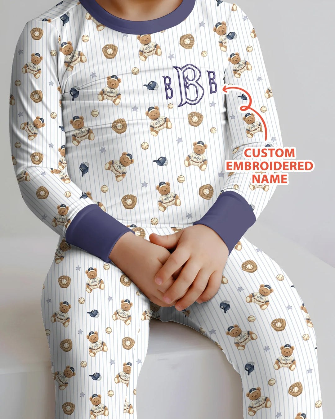 Personalized Embroidered Teddy Bear Baseball Baby Bamboo Two Piece Long Sleeve Pajama Set