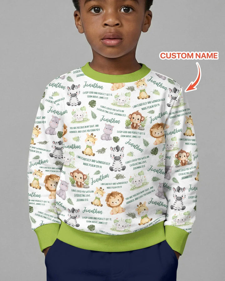 Personalisiertes Bibelvers Safari-Tier Bambus Rundhals-Sweatshirt