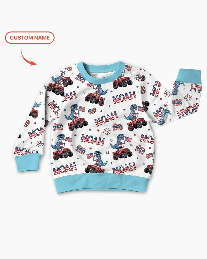 Custom Name American Flag Dinosaur Bamboo Crewneck Sweatshirt