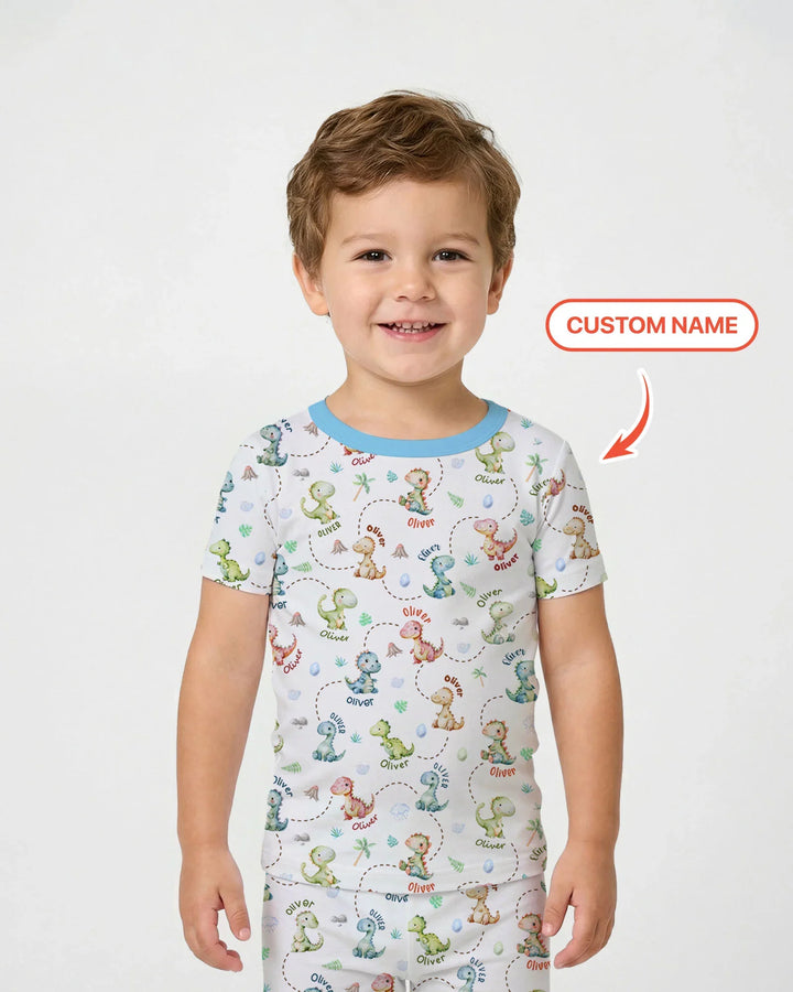 Personalized Dino Friends Bamboo Two Piece Short Sleeve Pajama Set