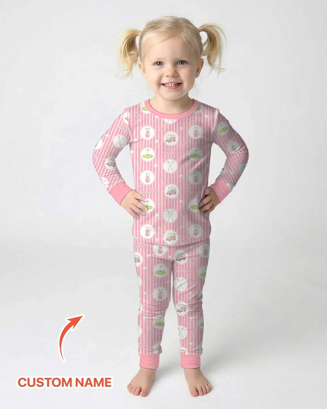 Custom Name Pink Golf Girl Bamboo Two Piece Long Sleeve Pajama Set