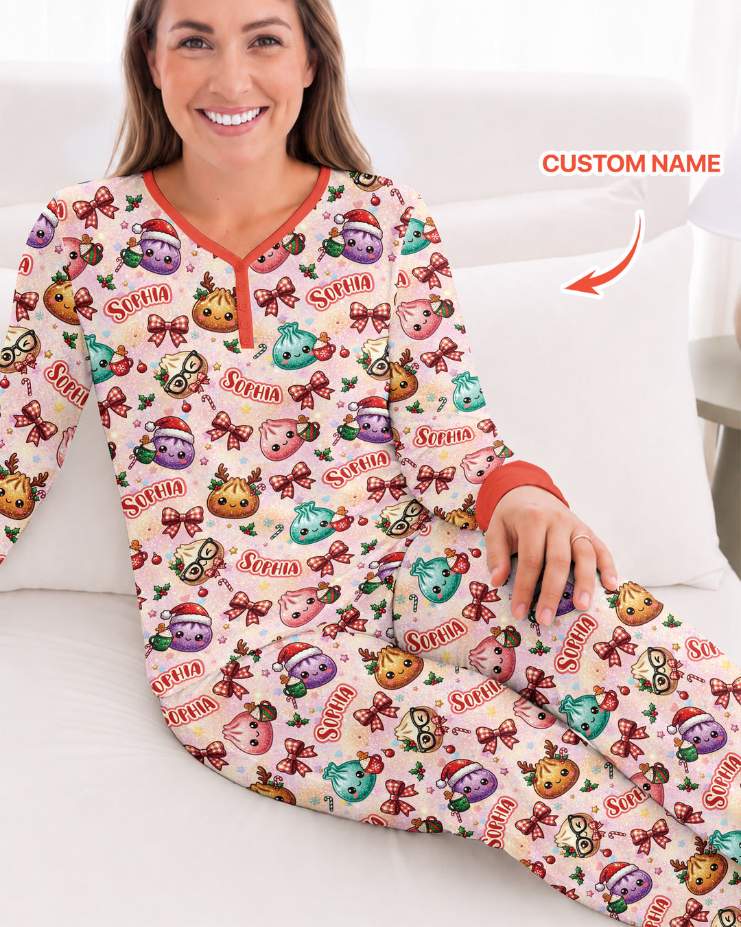 Custom Name Merry Christmas Dumpling Bamboo Women Pajama Set