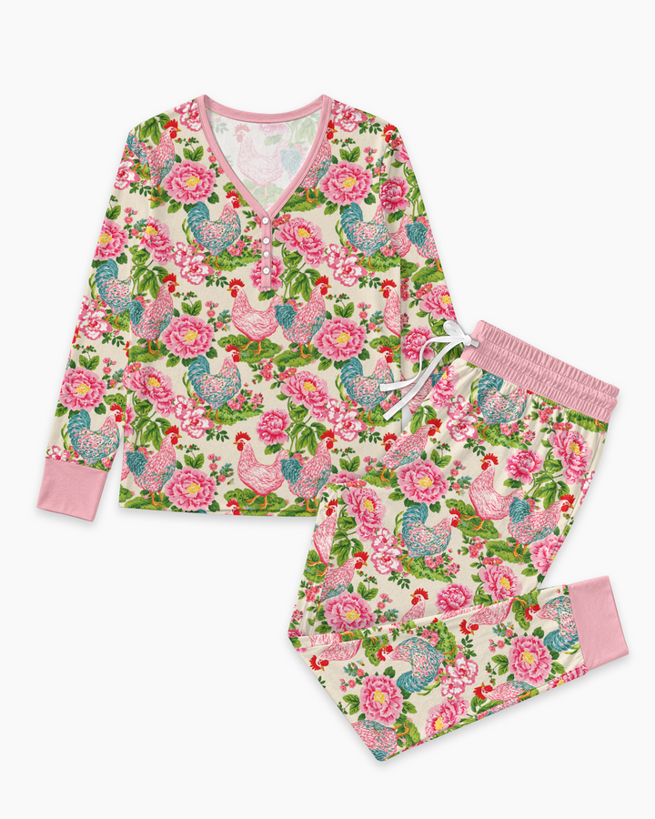 Chicken and Peony Mommy And Me Matching Bamboo Women Pajama Set