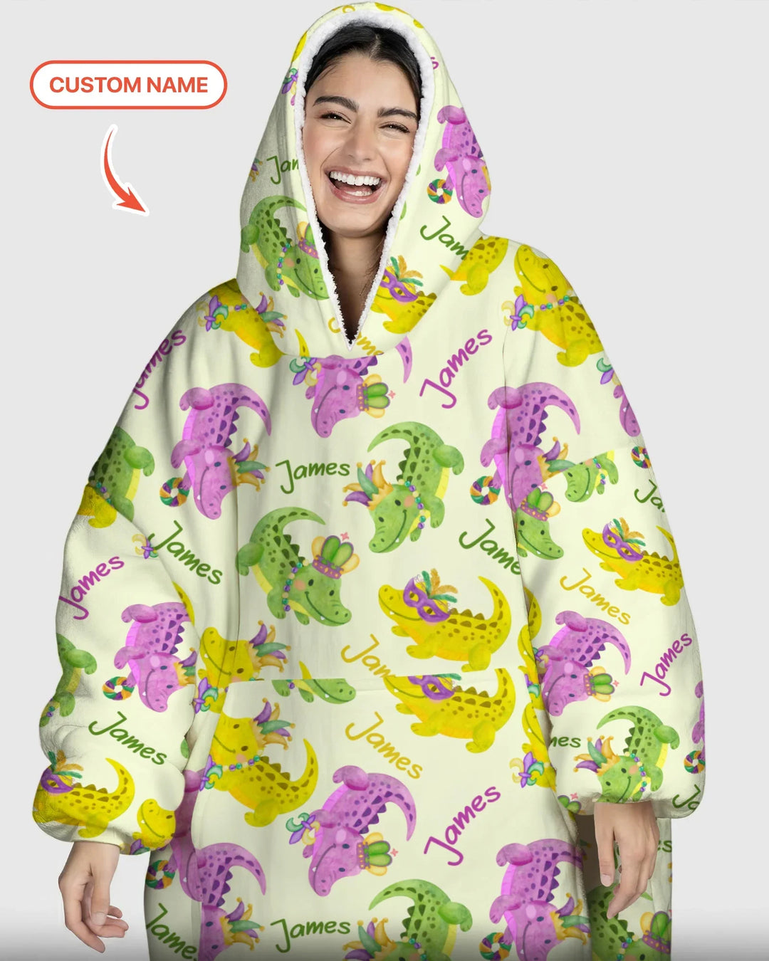 Personalisierter Name Mardi Gras Alligator Tragbare Bambus-Decken-Kapuzenjacke